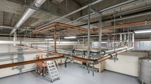 Installation de tuyauterie et plomberie suspendue avec équipement de travail en hauteur