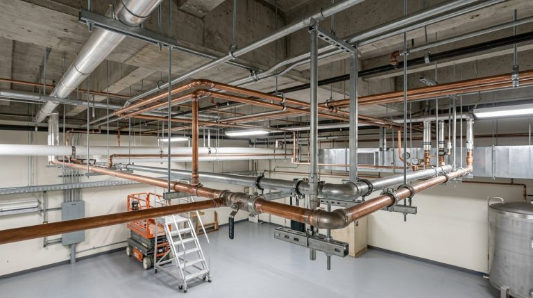Installation de tuyauterie et plomberie suspendue avec équipement de travail en hauteur
