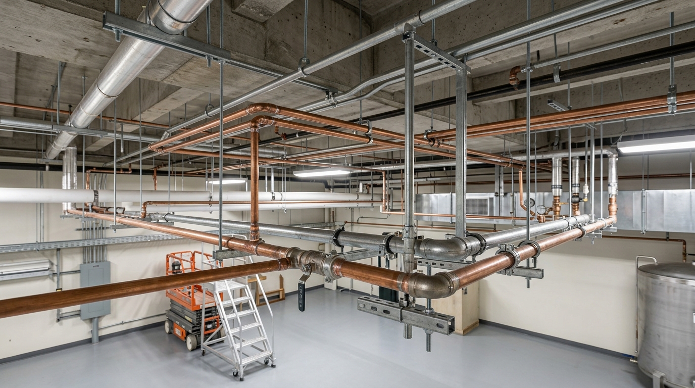 Installation de tuyauterie et plomberie suspendue avec équipement de travail en hauteur